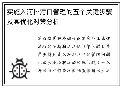实施入河排污口管理的五个关键步骤及其优化对策分析