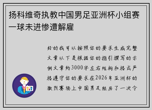 扬科维奇执教中国男足亚洲杯小组赛一球未进惨遭解雇 扬科维奇执教中国男足亚洲杯小组赛一球未进惨遭解雇